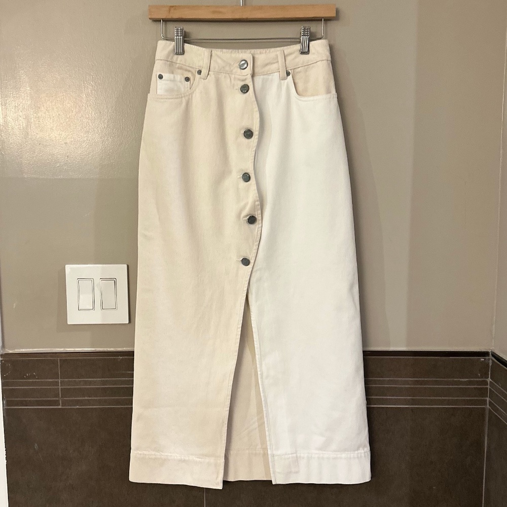 GANNI Scalloped Two-Tone Cream Denim Midi Skirt (34/US 4) - Picture 8 of 16